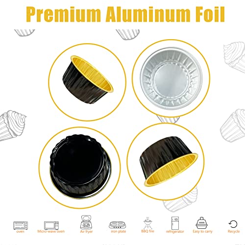 50Pcs Aluminum Foil Cupcake Baking Cups With Lids And 50Pcs Spoons, 5Oz Disposable Muffin Liners,Ramekins Mini Pie Pans For Christmas Wedding Kitchen Party,Black Gold #TOP2