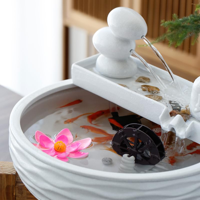 Fuente decorativa de jardín, fuente de agua con cascada, de cerámica, diseño de bambú, con iluminación LED, función humidificadora, bomba de agua, Zen, decoración para salón, oficina, jardín, Blanco