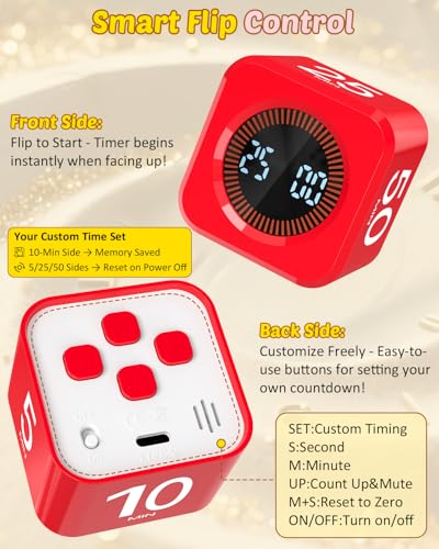 Image of Digital Pomodoro Timer Cube 5 /10 /25 /50min, Visual Productivity Flip Timer for Kids Classroom Desk, Custom Countdown, Silent and Sound Mode for ADHD Study Work Game Kitchen (Red)