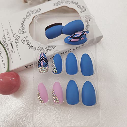 Press On Nails Medium Almond Fake Nails Acrylic False Nails With Blue And Black Color Contrast Designs Pink And Blue Full Cover Stick On Nails Matte Glue On Nails For Women #TOP2