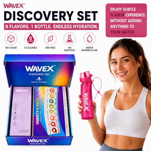 Image of Wavex Scented Water Bottle + 8 Aroma Scent Pods (Cola, Strawberry, Honey Peach, Energy Drink, Green Apple, Mint, Lemon, Orange Vanilla), Flip Top Lid, Straw & Carry Strap Included (Wild Berry Pink)