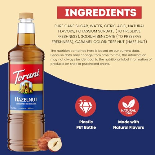 Image of Torani Hazelnut Syrup 1 Liter Bottle with Pump - Premium Coffee Flavoring Made with Pure Cane Sugar & Natural Flavors for Lattes, Cappuccinos, Desserts, Cocktails & More - Rich Nutty Sweetener