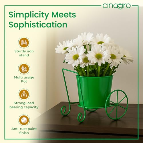 Image of CINAGRO Metal Wagon Planter, Green Pram Rickshaw-Shaped Metal Plant Stand for Indoor & Outdoor Use, 2 Wheel Pot Stand, Flower Vase, Decorative Iron Pot Holder for Flowers & Ornaments, 27 x 13 x 21 cm