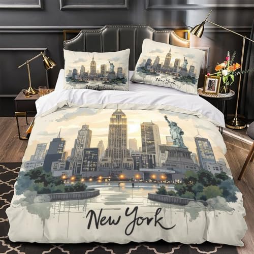 QTIVARLEN New York Skyline Parure de Lit 3D Imprimé Microfibre 3 Pièces Éclair Ultra Douce Illustrated Cityscape Ensemble De Literie Confortable Résistante...