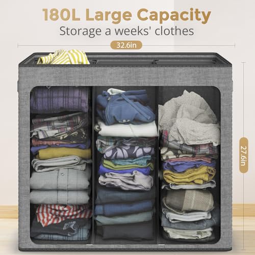 180L Laundry Hamper 3 Section, Large Laundry Hamper with Lid, Dirty Clothes Hampers with Handles, Laundry Basket Organizer for Laundry, Bedroom, Bathroom, Laundry Sorter Baskets, Grey - Image 5