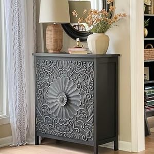 MAISON ARTS Accent Cabinet with 2 Doors Farmhouse Distressed Storage Cabinet with Solid Wood Legs for Living Room Entryway Foyer Kitchen Sideboard Buffet Cabinet Black Carved Doors