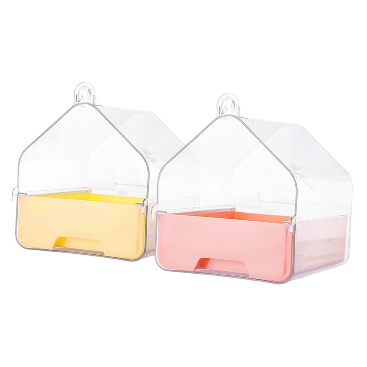 Sosoport Bain de Cage à Oiseaux avec Tiroir, Design Suspendu, 2 Pièces | Plastique, Rose et Jaune, pour Perruches et Calopsittes, Usage en Cage, Format Compact
