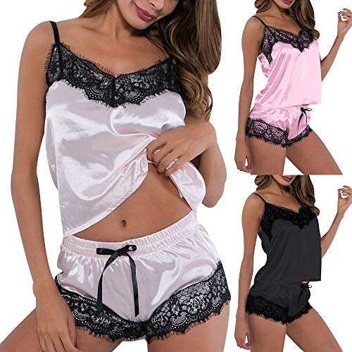 Pijama Curto Feminino Baby Doll De Seda Short e Camisa Lingerie Renda Floral Sexy Sem Bojo Confortável Conjunto de 2 Peças (BR, Alfa, M, Regular, Regular, Vermelho)