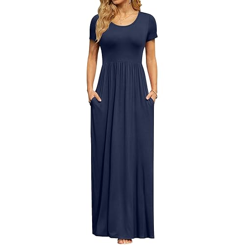 DB MOON Women's Short Sleeve Maxi Dresses Casual Empire Waist Long Dress with Pockets