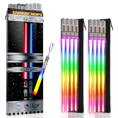 LIGHTSABER CHOPSTICKS LIGHT UP STAR WARS CHOPSTICK LED Glowing Light Saber Chop Sticks REUSABLE Sushi Sabers Cool Fun Geeky STARWARS Chop Stick Set 4 PAIRS | FREE Keychain Soft Carry Pouch | Gift Box