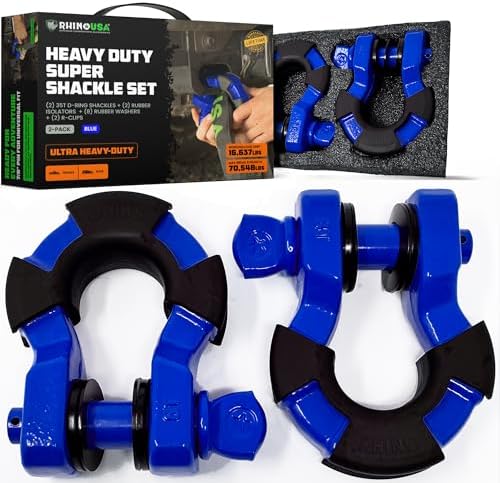 Rhino USA Super D Ring Shackles (2-Pack) - 70,548lb Break Strength โ Heavy Duty 3/4" Clevis Shackle with 7/8 Pin for Towing & Off-Road Use - Pairs with Tow Strap for Vehicle Recovery (Blue)
