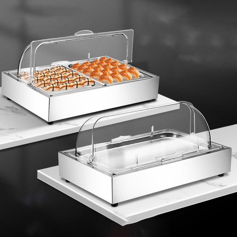 XLIHAWY Countertop Food Serving Display Container, Hotel Stainless Steel Food Serving Tray, Condiment Dispenser Display Rack With Clear Roll Top Cover(Silver-A,D)