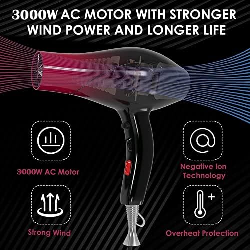 Professional Hair Dryer, Jooayou 3000W Ionic Hairdryer with Diffuser, Hairdryers for Women with 3 Heat 2 Speed and Cool Button Fast Drying Blow Dryer for Home Travel Salon