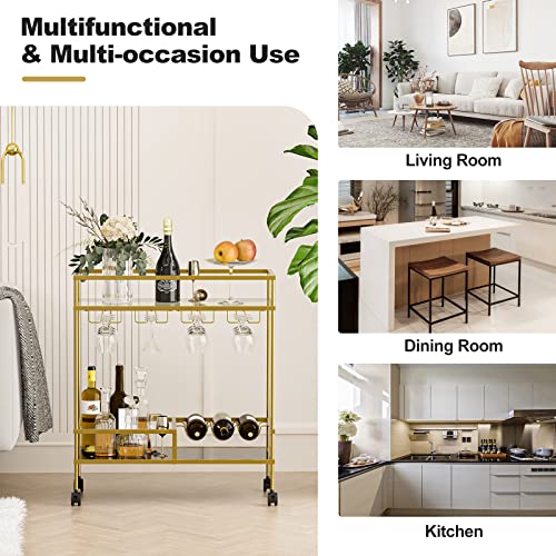 Ikifly 2-Tier Glass Bar Cart On Wheels - Metal Rolling Serving Cart With Glass Stemware Racks & Wine Bottle Holders - For Kitchen, Living Room, Dining Room - Gold / Square #TOP7