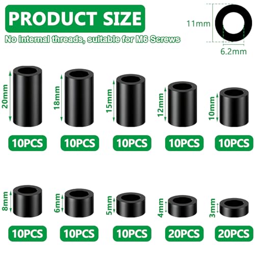 Image of 120PCS Black Nylon Spacers Kit, ID 6.2mm, OD 11mm- 3mm, 4mm, 5mm, 6mm, 8mm, 10mm, 15mm, 18mm, 20mm Length, Non-Threaded Round Plastic Spacers Suitable for Switch & Receptacle Screws (Pack of 2)