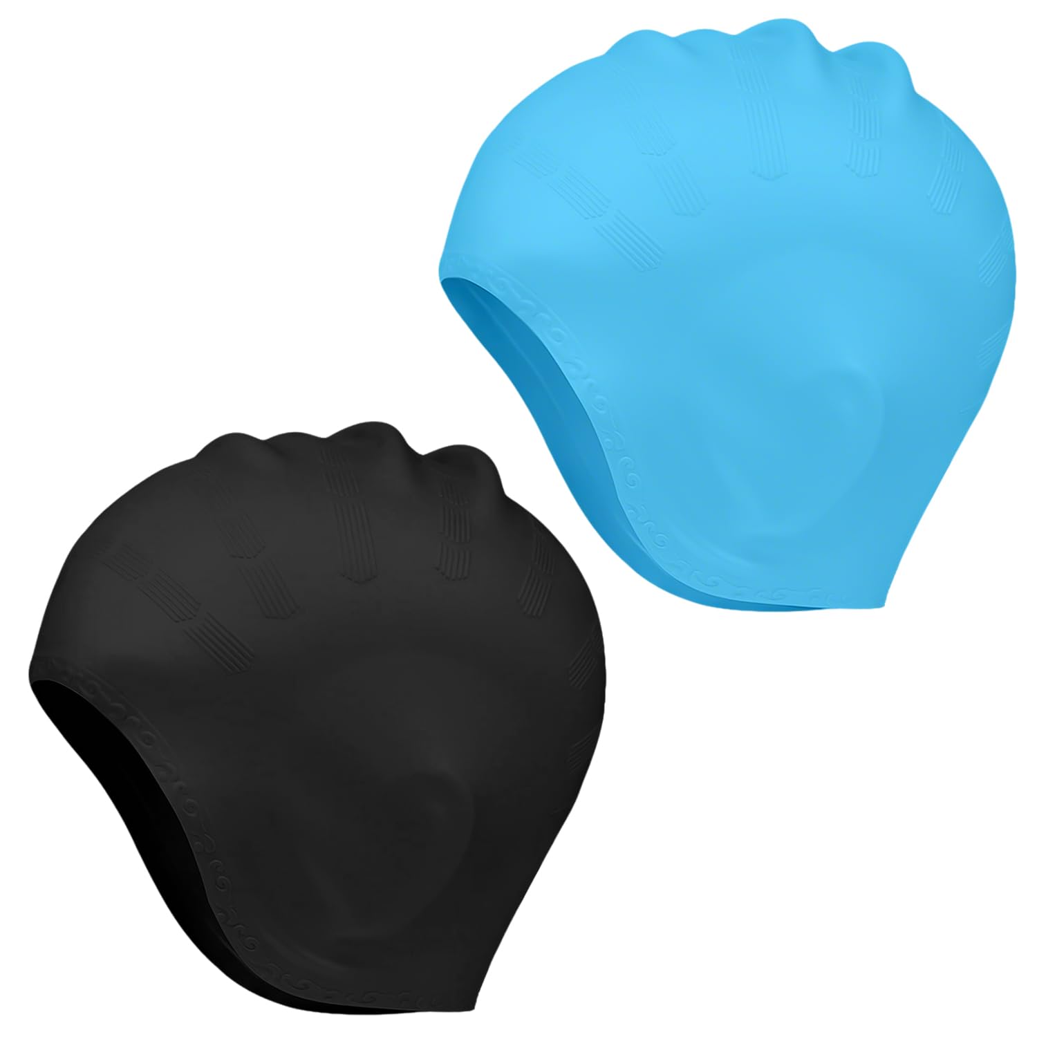 Silicone Swimming Cap for Women & Men - 2 Pack Waterproof Swim Hat with Ear Protection - Fits Long Hair - Comfortable, Chlorine Resistant Adult Swim Cap (Black & Blue)