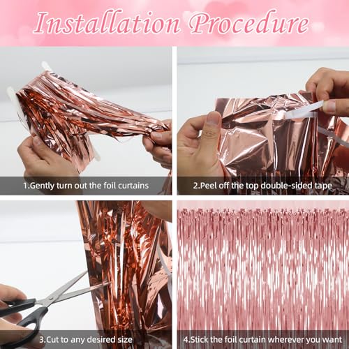 Image of 5 Pack Rose Gold Backdrop Birthday Decorations Foil Curtain Backdrop Bachelorette Party Decorations Rose Gold Party Decor Streamers Groovy Birthday Party Decorations