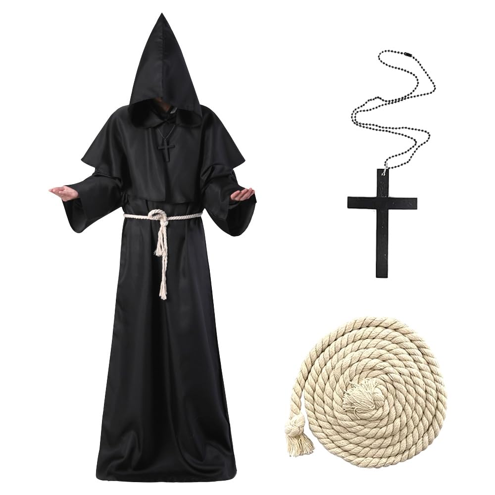 LGZIN Disfraz de Monje Hombre, Sacerdote Túnica Medieval Renacimiento Traje, Disfraz de Monje Medieval Sacerdote con Collar de Cruz, Disfraz de Cosplay de Halloween con Capucha