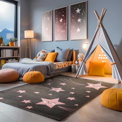 SIMPEX KinderTeppich, Sterne-Design, Teppich Rosa, 80 x 150 cm, Teppich für Kinder, Teppich...