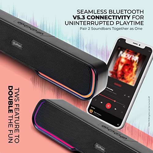 Image of pTron Fusion One 14W Bluetooth Soundbar Speaker, 20Hrs Playback Time, Vivid 10 RGB Modes, Mini Soundbar for Phones /TV /Laptops /Tablets, Multi Modes BT5.3 /3.5mm Aux /TF Card /USB / (Obsidian)