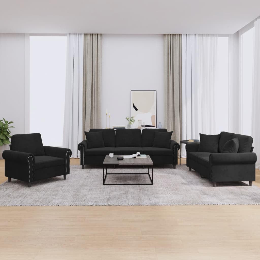 Conjunto de 3 piezas de terciopelo negro pequeño sofá con 1 + 2 + 3 plazas sofá para salón, oficina, balcón, 92/152/212 cm de ancho, diseño moderno estable para espacios pequeños