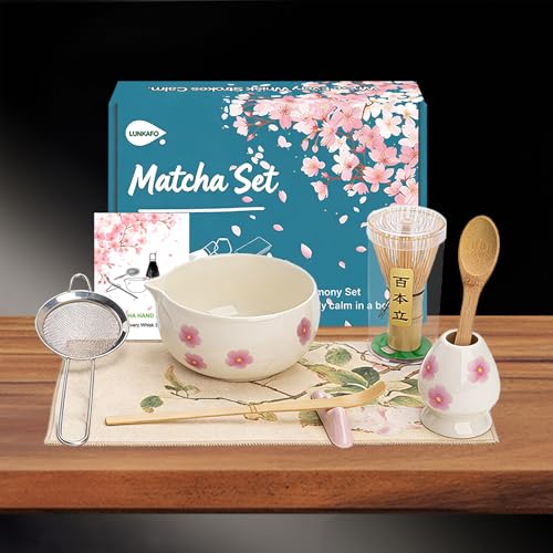 Matcha Set, Ceramic Japanese Matcha Whisk Kit with Matcha Bowl, Matcha Whisk Holder, 8-Piece Traditional Matcha Making Set for Beginners & Tea Lovers,Off-White Matcha Whisk Set