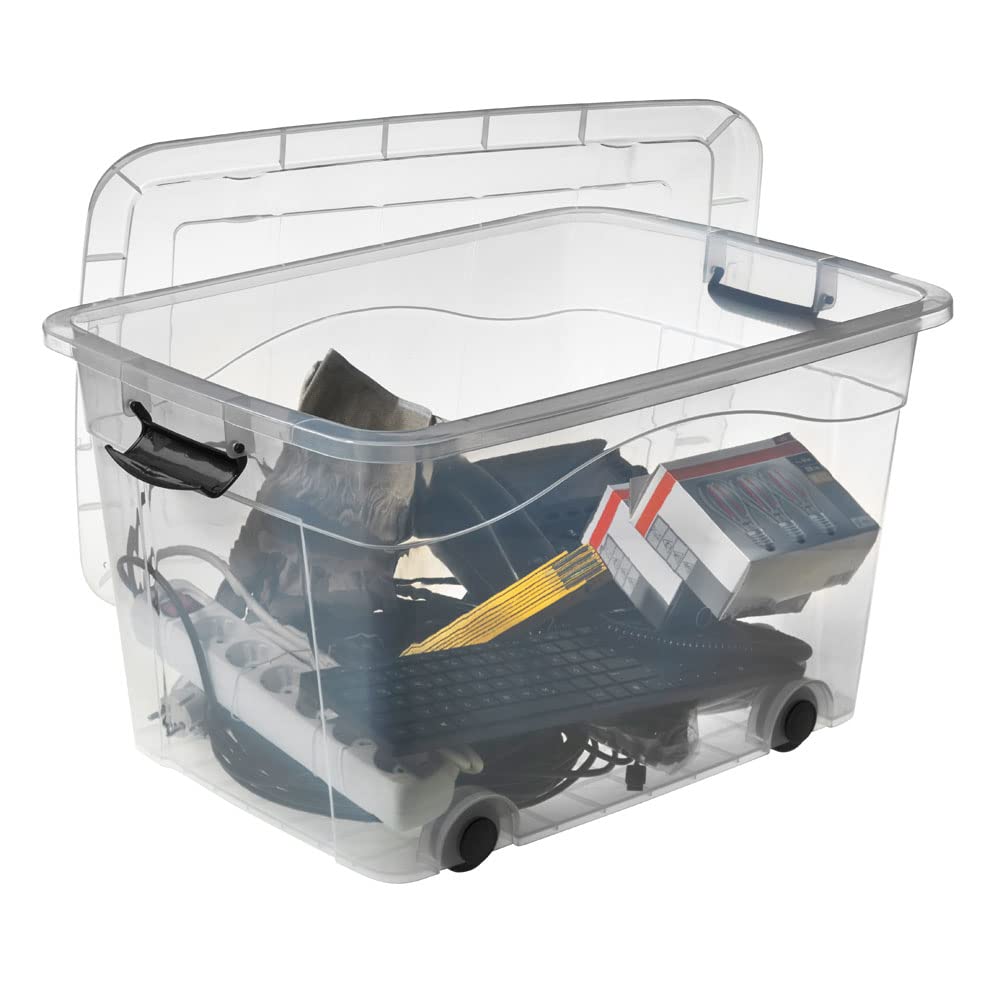 Logiplast 3 Stück Aufbewahrungsbox transparent 60 Liter mit Deckel und Klickverschluss 610 x 450 x 360 mm inkl. Rollen