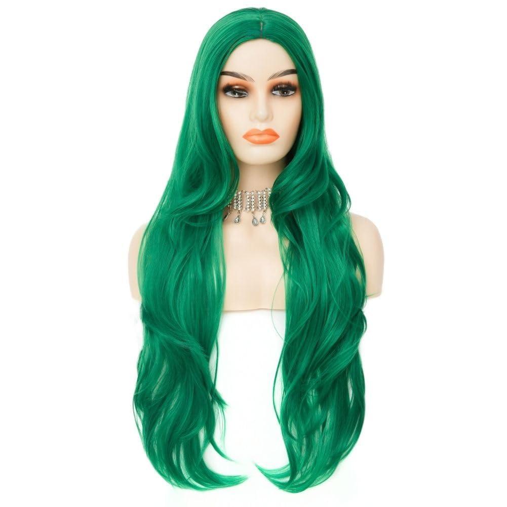Siudus Green Long Curly Wigs for Women 28 Inch Cosplay Wavy Middle Part Natural Synthetic Heat Resistant Halloween Costume Party Hair Wig - Image 3