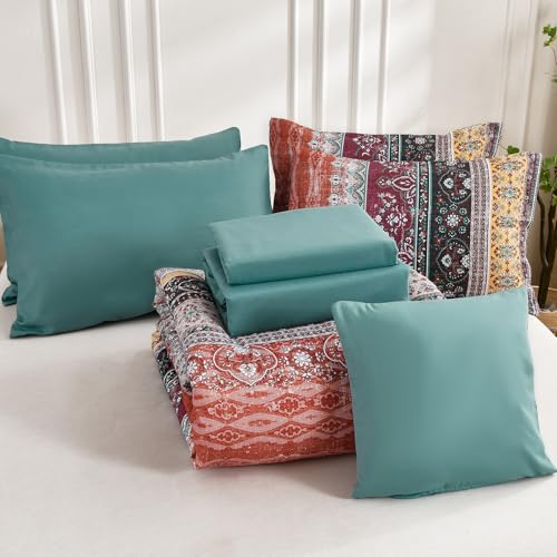 Image of Cottolester Boho Full Comforter Set 8 Pieces,Orange and Green Bohemian Striped Bed in a Bag, Paisley Soft Microfiber Bedding Comforter Set