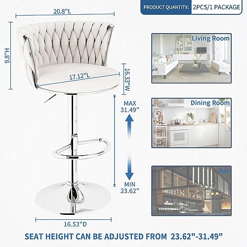 Image of AWQM Velvet Bar Stool Set of 2, Counter Height Barstools with Adjustable Swivel Chairs, Upholstered Bar Chairs with Back & Footrest, Beige