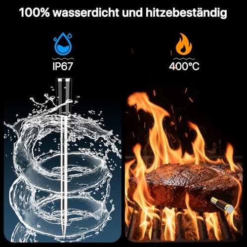 BFOUR Bluetooth & WLAN Fleischthermometer, Kabelloses Grillthermometer mit 2 Sonden 6 Sensoren, 100% Wasserdichtes,±0,1°C Genauigkeit, Fleischthermometer Kabellosfür Grill, Ofen, Braten – BF-80