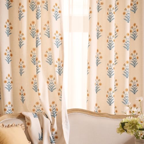 Image of ISAENNE Designer Vintage Linen Printed Curtain,2 Panels,87 inchx65 inch-Estevan A | Elegant Curtains with Grommets 87 inches long,Pale Yellow Floral Pattern Decor Draps,kitchen Bedroom Living Room Window