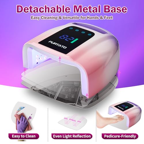 Image of PURTATO Professional Rechargeable 96W UV LED Portable Cordless UV Light for Nail Lamp Machine with Removable Stainless Steel Bottom,4 Timer Setting and Smart Sensor Nail Dryer (Purple&Pink)