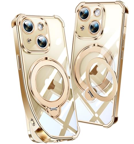 Image of Soft Case for iPhone 15 with 360 Rotating Magnetic Stand, Compatible with Mag-Safe, 4X MIL-Drop Protection, Lightweight Glossy Anti-Yellowing Clear Back Phone Cover for iPhone 15 6.1 inch, Gold