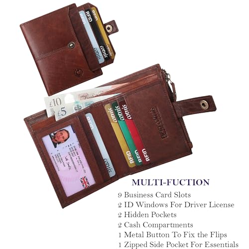 Image of Zipper Genuine Leather Wallet for Men, RFID Safe Full Grain Leather Handcrafted Front Pocket with Detachable Cardholder (Brown Oil Pull-UP)