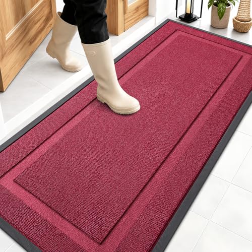 Image of OLANLY Front Door Mat Indoor Outdoor Entrance, Waterproof All-Season, All-Weather Doormat, Sturdy Natural Rubber, Low Profile, Easy Clean Patio Porch Entryway Mat, 59x23, Burgundy