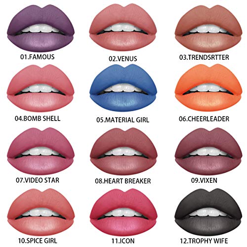 Ownest 12 Colors Matte Liquid Lipstick Set,Waterproof Long Lasting,Non-stick cup Lipstick, Fashionable Colors Lipsticks Set,Matte Lip Gloss,Beauty Cosmetics Gift Set