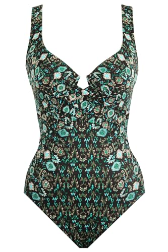 Model wearing Miraclesuit Women's Swimwear Slimming Escape Underwire Molded Cup.