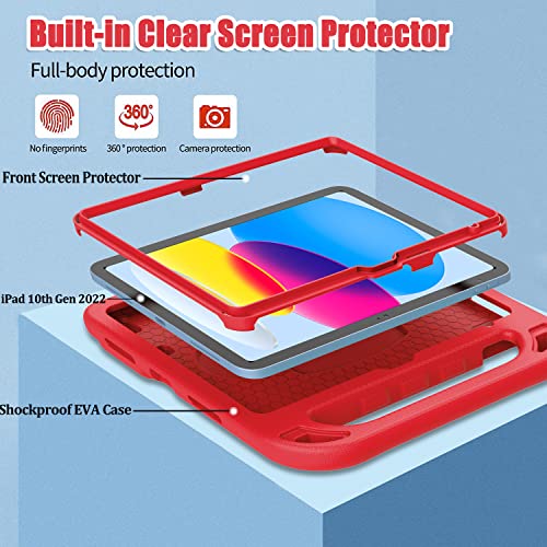 Bmouo Kids Case For Ipad 10Th Generation 10.9 Inch 2022 - With Built-In Screen Protector, Shockproof Light Weight Covertible Handle Stand 10.9” Ipad 10Th Generation Case For Kids Toddlers Girls, Red #TOP2