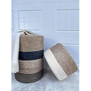 Jute Pouf Ottoman | Footrest Pouf | Hand Braided - Round Boho Pouffe - for Living Room, Bedroom, Nursery (18"x18"x12") Navy Jute Pouf Ottoman Footrest Pouf Hand Braided Round Boho Pouffe for Living Room Bedroom Nursery 18x18x12 Navy