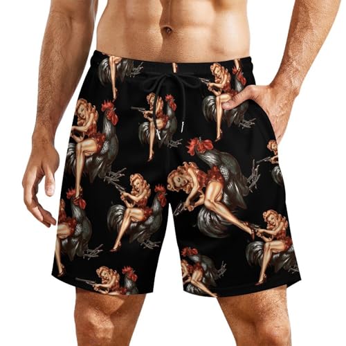 Pinup Girl Riding Chicken Rooster Gun Men's Swim Trunks Quick Dry Board Shorts Swim Shorts Swimwear with Compression Liner
