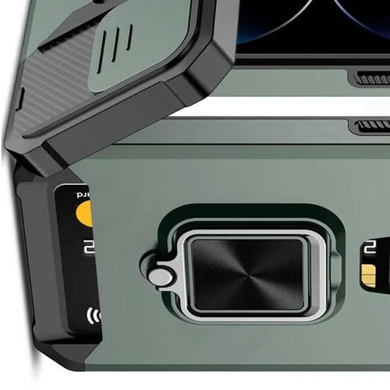 Image of LuxuryKase Shockproof Armor Case for iPhone 16 Plus | Slide Camera Cover | Hidden Card Slot | Rotating Ring Kickstand | Magnetic Car Mount Support | Military Grade Protection - Green