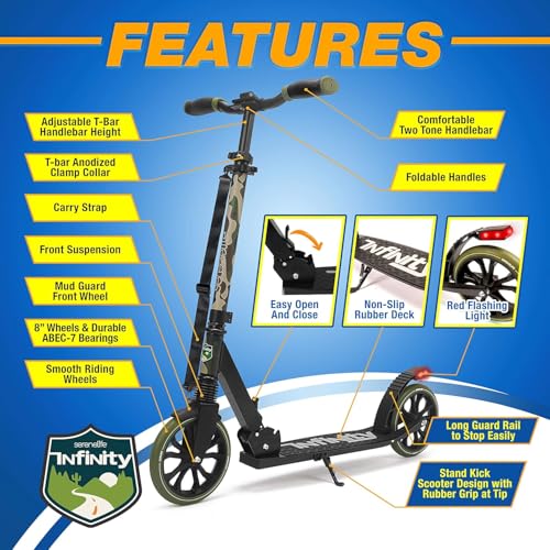 Image of SereneLife Two Wheel Scooter for Teens, Smooth Gliding Kick Scooter for Adults w /Adjustable Height for Ages 8+, Portable All Terrain Scooter w /Carry Straps, Easy to Fold