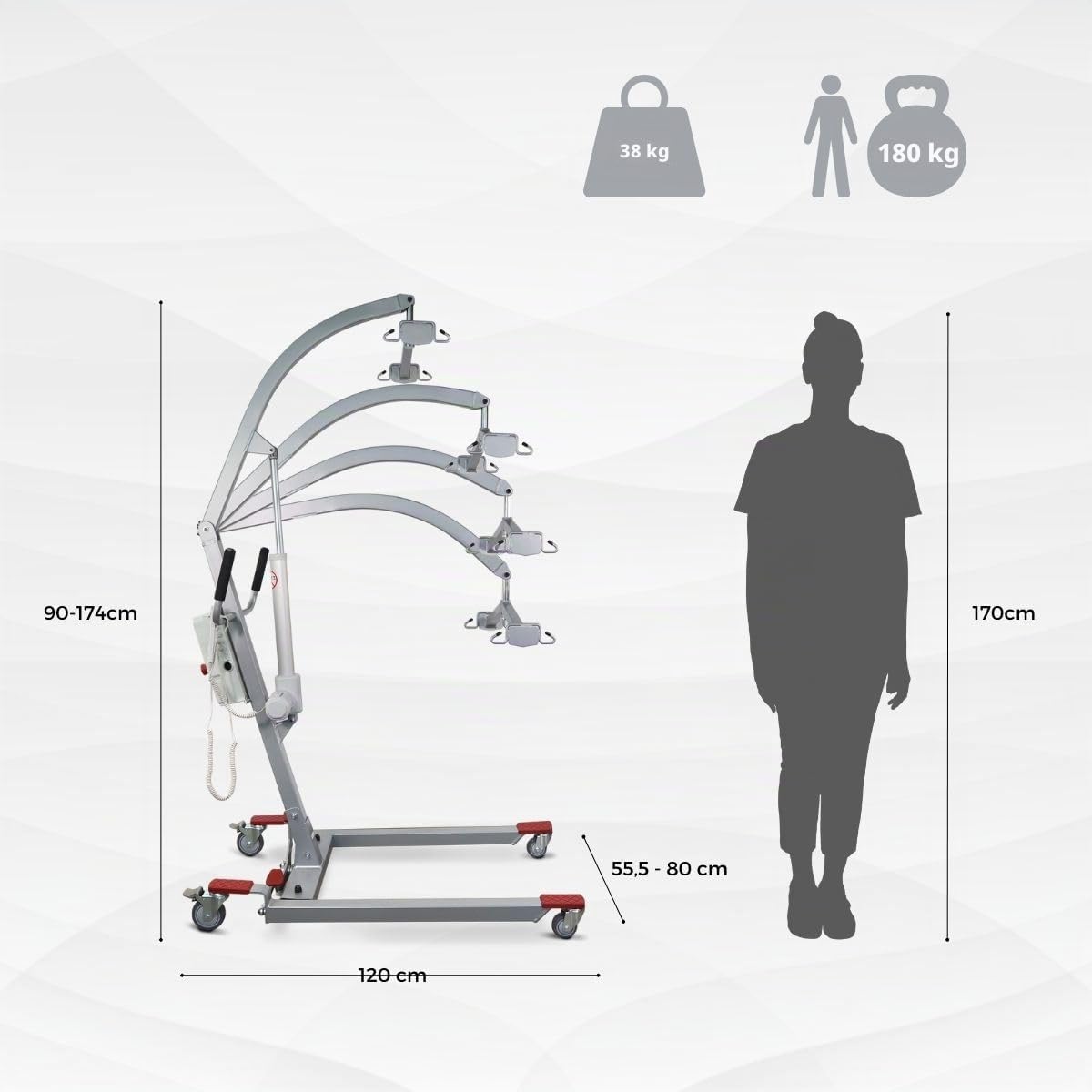 Mobiclinic®, Sollevatore per anziani, Elettrico, Fortuna basic, Imbracatura di trasferimento inclusa, Sostiene fino a 180 kg, Due batterie, Regolabile, Ruote sicurezza bloccate, Resistente