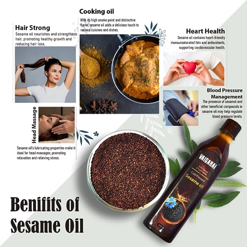 Image of VAIGARAI Wood /Cold Pressed Sesame /Till Oil 500 Ml (Half Litre) | Kachi Ghani /Chekku Gingelly Oil | Unrefined & 100% Pure | Cooking & Oil-Pulling Use