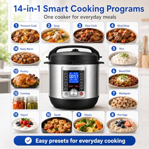KINGBULL 14-in-1 Electric Pressure Cooker 8 Quart, Stainless Steel Multi Cooker with LCD Display and Knob Control, Slow Cooker, Rice Cooker, Steamer, Sauté, Yogurt Maker, Warmer, DIY Mode - Image 2