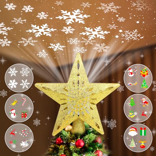 Christmas Tree Topper Projector Lights with 6 Projection Modes, Gold Star Christmas Tree Topper with Built-in LED Projector, Dynamic Projection for Christmas Party Holiday Decoration