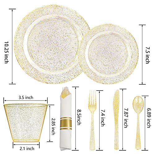 Dayammi 112Pcs Gold Glitter Plastic Plates, Gold Disposable Dinnerware Gold Fancy Plates For Party Includes 16 Gold Dessert Plates, 16 Gold Dinner Plates, 16 Per Rolled Napkins With Cutlery And Cups #TOP5