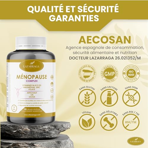 MENOPAUSE COMPLEX 9 EN 1 | Contrôle des Bouffées de Chaleur | Soulage les Ballonnements Abdominaux | Ventre Plat | Sans Soja ni Conservateurs | Traitement de 3 Mois | 180 Gélules Végétales | Lazarraga – vue 4