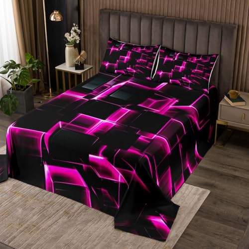 Erosebridal Honeycomb Square Quilt Set for Kids Girls 3D Geometric Square Bedspread Twin, Pink Black Neon Lights Coverlet Set, Gradient Print Bedding Sets with 1 Pillow Case